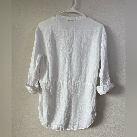 Pure Navy 100% Linen White Tunic Top S Roll Tab Sleeve Split Neck Blouse Coastal - Picture 4 of 6